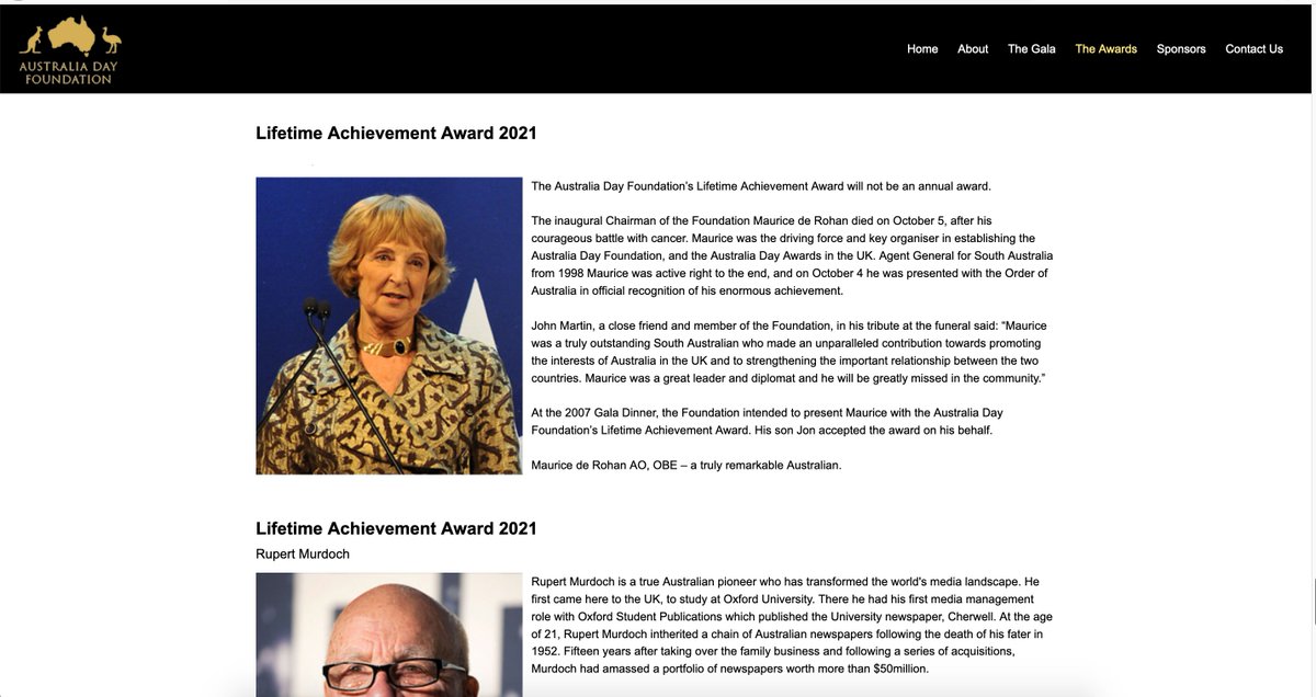 There is also little to no mention on the Aust Day Foundation UK website of an award called the "Lifetime Achievement Award"The award appears to have been created specifically in 2007 as a post-humous gesture to one of the Australia Day Foundation instigators, Maurice de Rohan.