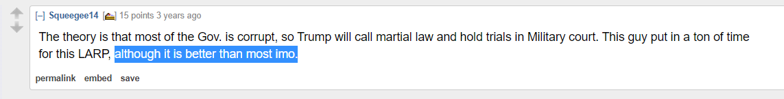 You know what REALLY sticks out? The Reddit crowd, too -- at least at /r/conspiracy -- is pickin' up what Q puts down.And they discussed 4chan LARPs often enough that one guy remarks:
