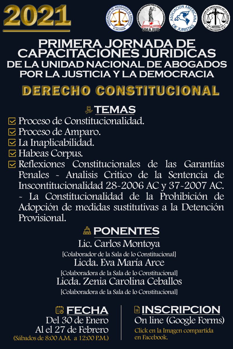 UNAJUD__SV's tweet photo. La @UNAJUD__SV , la Asociación de Abogados de Oriente #AAO, @aaj_sv y la Asociación de Abogados de la Libertad #ABODEL presentan la primera jornada de capacitaciones jurídicas concentradas en cuatro ejes: 

📌Derecho Constitucional - https://t.co/HetphR6a8A

#Derecho https://t.co/1oi5lCFQq7