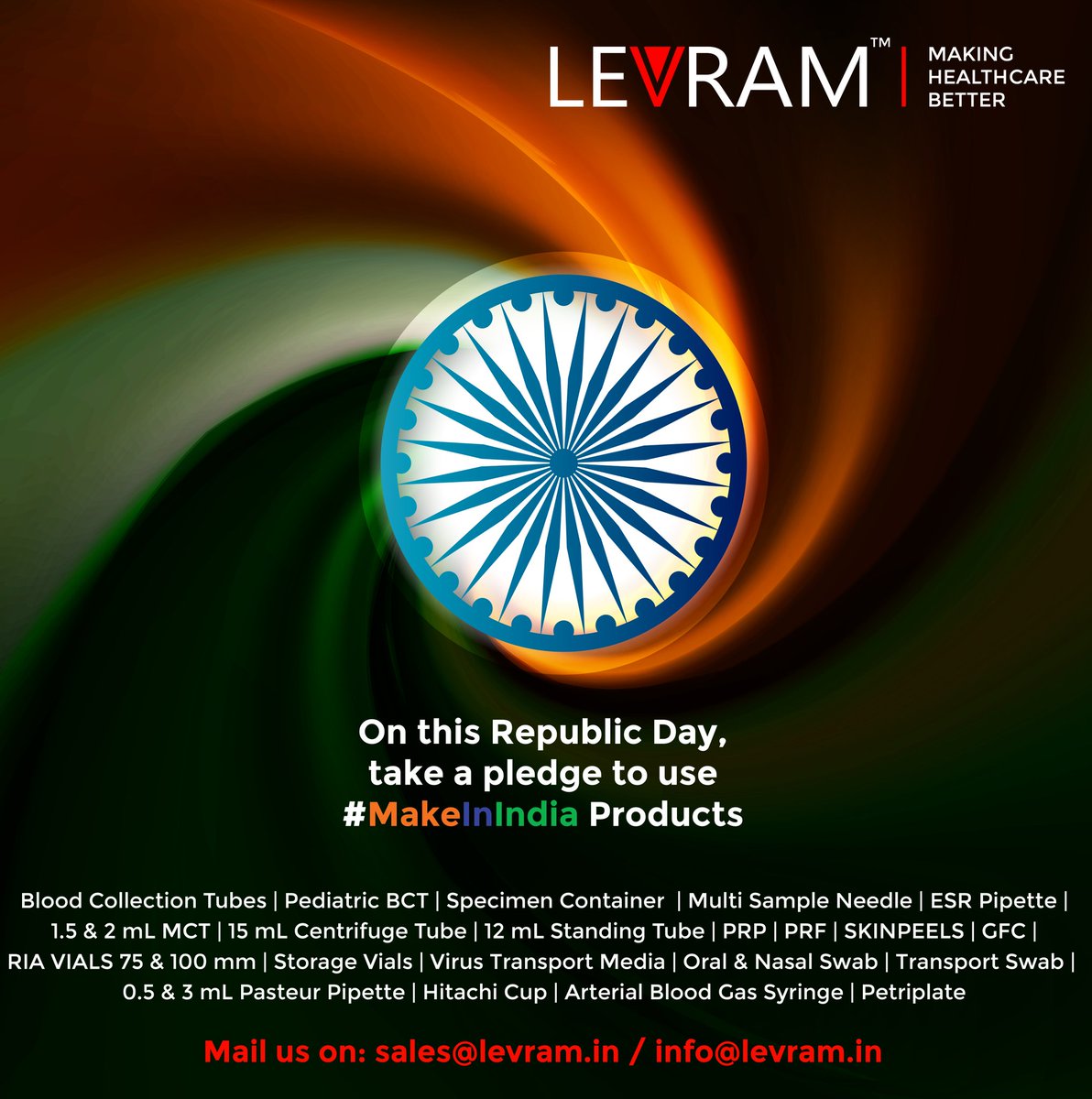 LEV_RAM_'s tweet photo. Happy Republic day from team levram #LEVRAM #medical #lab #disposable #items #manufacturer #startupindia #vocalforlocal #makeinindia #RepublicDay2021
# Book your orders now: sales@levram.in / info@levram.in https://t.co/vEswwzcJwF