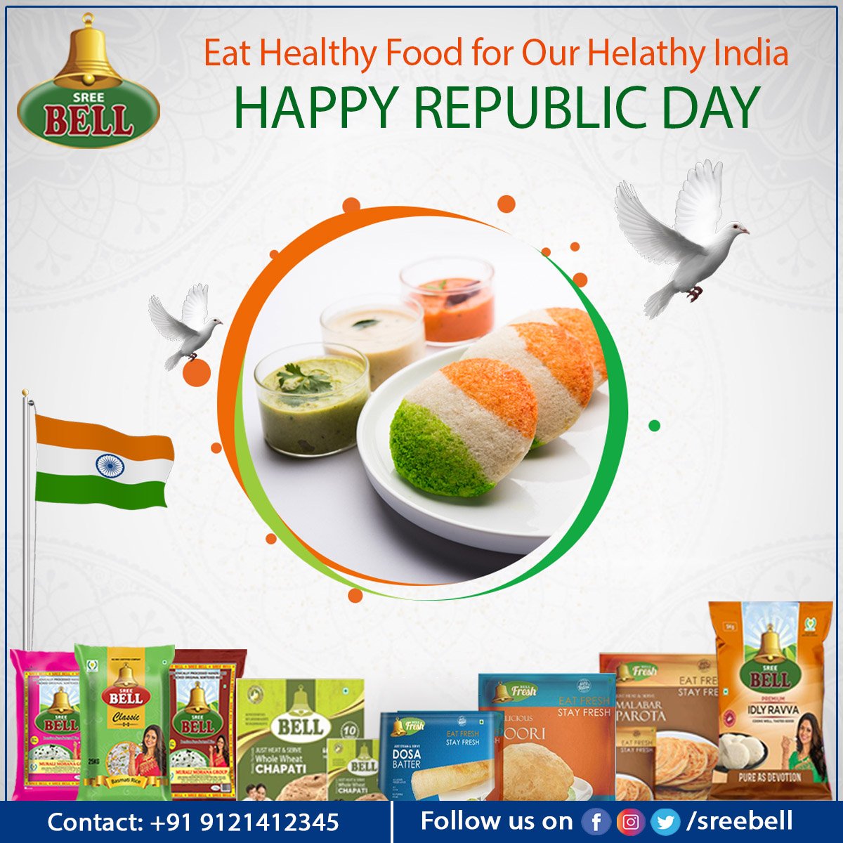 RiceSree's tweet photo. A thousand salutes to this great Country of ours. 
May it become even more prosperous and great. 
Happy Republic Day!
#republicday2021 #ProudIndian #bellfresh #chapati #foodies #sribellrice #franchise #rice #indianfood #bell #brand #AndhraFood #dealership #balanceddiet https://t.co/AjcYWc2ljn