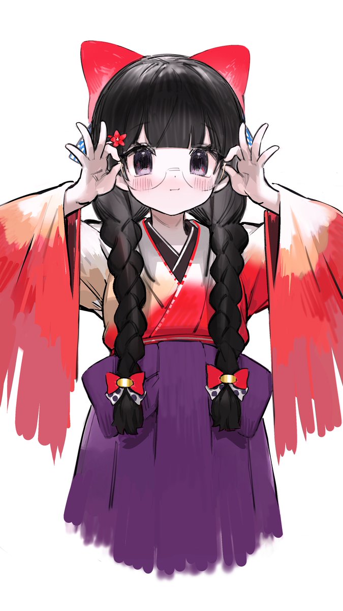 1girl solo japanese clothes twin braids black hair glasses kimono  illustration images
