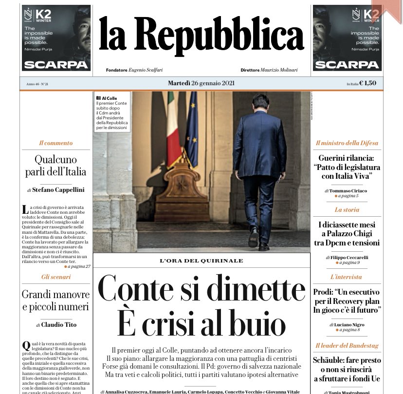 ChiaraPottini's tweet image. Quando le foto parlano da sole ⁦@repubblica⁩ #primapagina #crisidigoverno #incertezza #buio