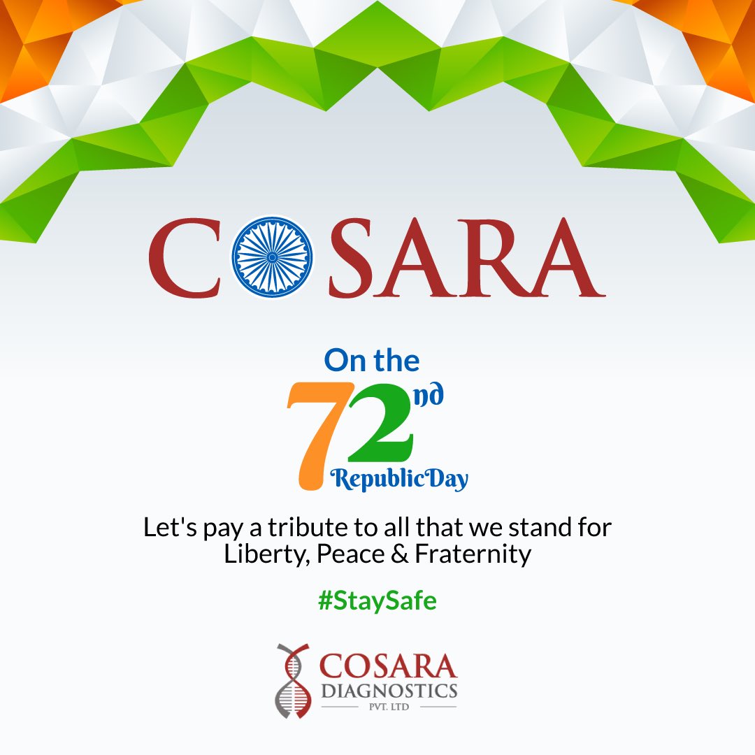 CoSaraIndia's tweet photo. One nation, one vision, one identity. Today is the day to celebrate the unity of our beautiful country - Happy Republic Day 🇮🇳
#CoSara #26January #RepublicDay2021 #MolecularDiagnostics #Saragene #MakeInIndia #SARSCoV2 #MedTwitter #PCRTesting #COVID19 #TestingForCovid19 https://t.co/XT9kF7ZKyY