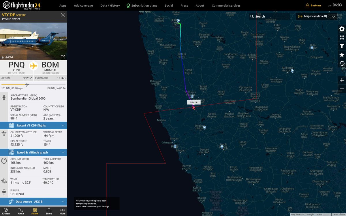Radar_Assistant's tweet image. MULTI FR24 TRACK ALERT : At Tue Jan 26 06:01:39 2021 #VTCDP from PNQ (114nm) to BOM (163nm) has geo track of 332 but is heading 154 diff of 178 #AvGeek #ADSB flightradar24.com/VTCDP/26aaa83c
