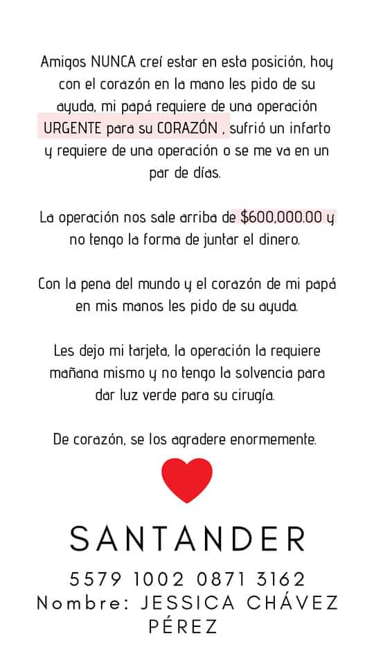 FatyPerezPe's tweet photo. @franco_esca Buenas noches Franco queria ver si me pudieras ayudar compartiendo la sig info, ya que estamos pasando por una situacion delicada con mi tio que sufrio un infarto y necesita una operacion urgente ya que se le estima poco tiempo de vida estaremos sumamente agradecidos https://t.co/lAAjgJWygk