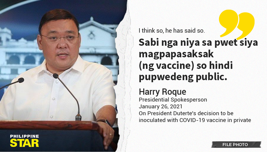 PhilippineStar's tweet photo. Presidential Spokesperson Harry Roque believes President Duterte has made his final decision to be inoculated against COVID-19 in private since he has decided to be vaccinated in his butt. https://t.co/yxsclgV0eg