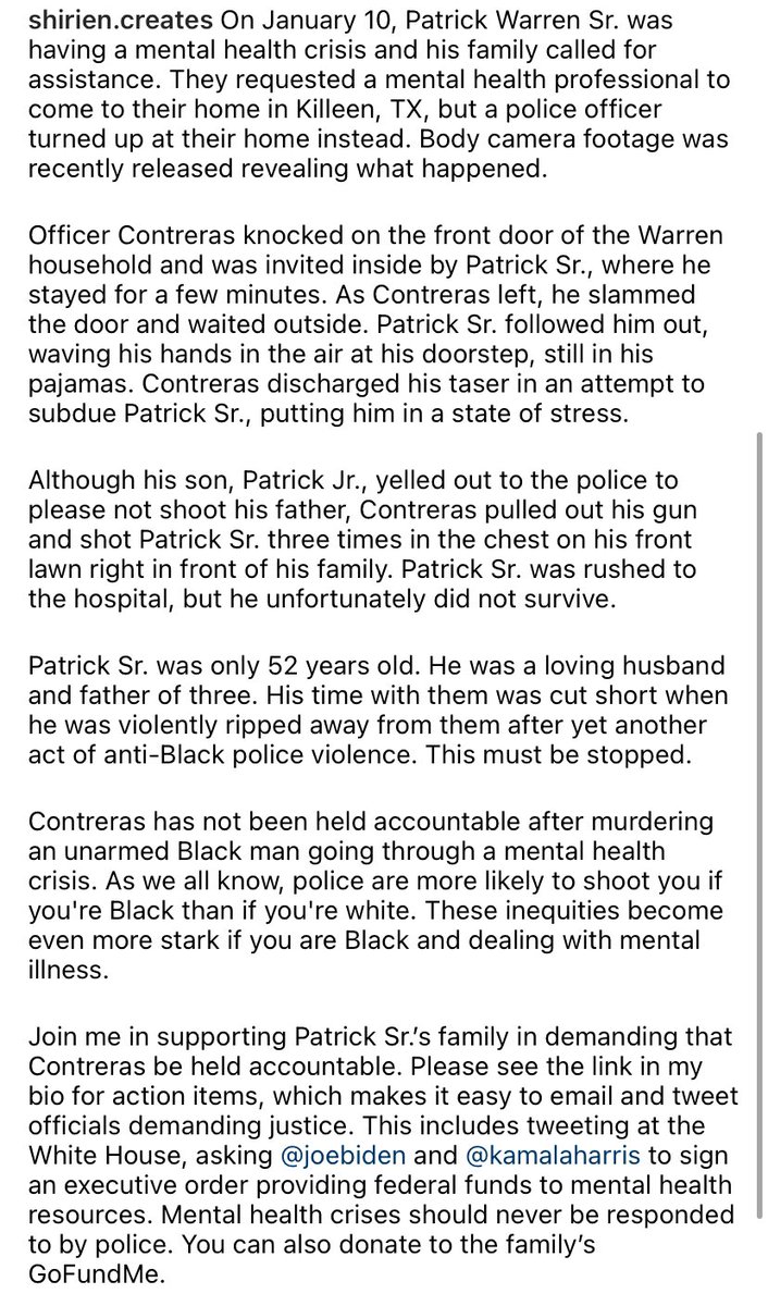 gracemtayylor's tweet photo. @WhiteHouse After the recent shooting of Patrick Warren Sr. I am asking @POTUS and @VP to sign an executive order providing federal funds to mental health resources. #JusticeforPatrickWarren https://t.co/APIvjGMjDG