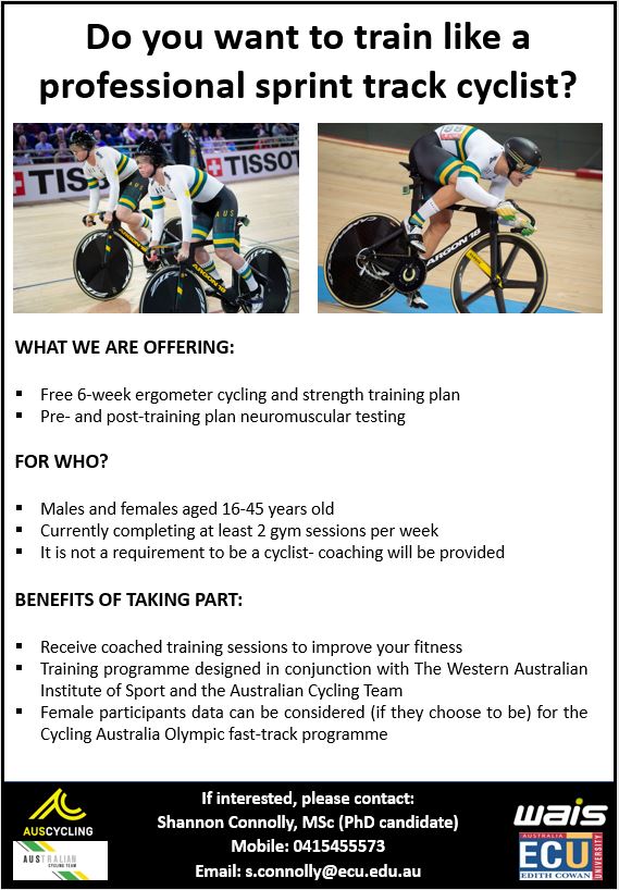 🚴🏋️‍♀️🚨 Invitation for resistance-trained 👨&amp;👩 to participate in our <a href="/EdithCowanUni/">Edith Cowan University (ECU)</a> , <a href="/InsideWAIS/">Western Australian Institute of Sport</a> &amp; <a href="/AusCyclingTeam/">ARA Australian Cycling Team</a> 6-week sprint cycling and strength training study (Perth-based).

More details: ⬇️
RT's would be much appreciated