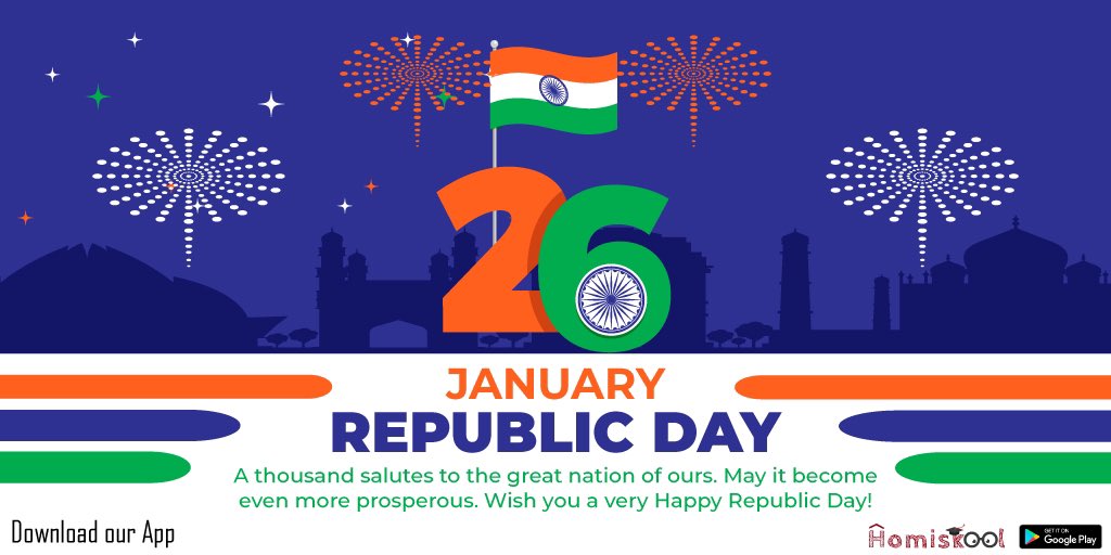 homiskool's tweet photo. On this day let us make a promise to strive for justice, freedom and equal rights for every Indian and for peace and unity among all who are fortunate enough to live in this glorious nation. Wish you a very Happy Republic Day!

#republicday #RepublicDayIndia #HappyRepublicDay https://t.co/A9cX6Z2DlP