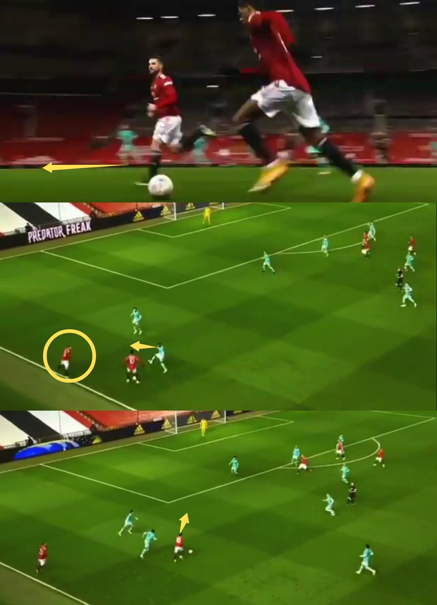 Rashford + Shaw combination.1 - Shaw overlaps as Rashford receives and runs with the ball.2 - Shaw gives an option to Rashford's left. This means the opponent has half an eye on Shaw.3 - This gives Rashford half a yard to cut inside and is explosive.Selfless from Shaw 
