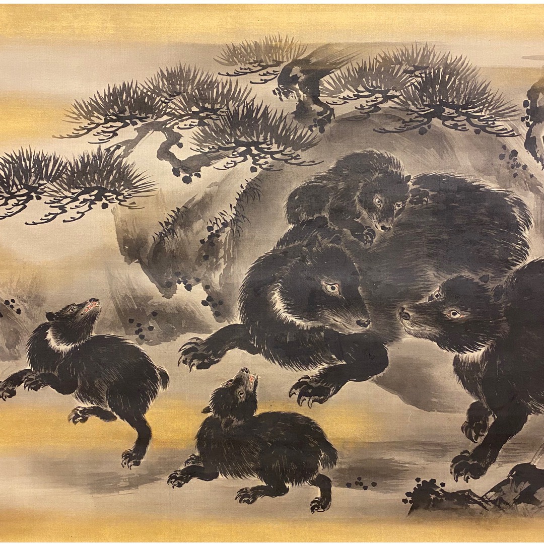 狩野晴川院養信 熊図 絹本 江戸時代 19世紀 Kano Osanobu Bears color