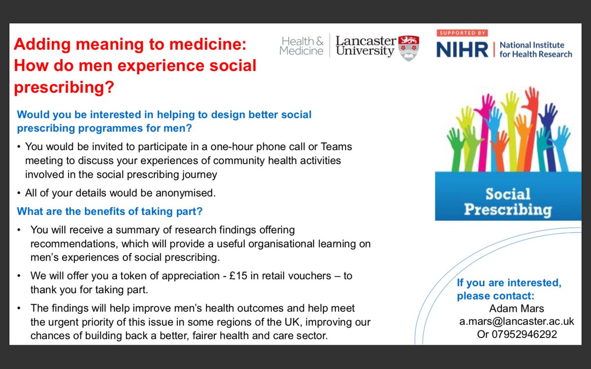 Adam Mars (@adammars_) on Twitter photo *LINK WORKERS* Would you be interested in improving the knowledge base of Social Prescribing, helping #BuildBackBetter. Adding meaning to medicine: How do men experience social prescribing? Contact: adam.mars@lancaster@ac.uk for info. <a href="/nalwuk/">National Association of Link Workers</a> @CLWWiganBorough <a href="/SPLWChampions/">#LinkWorkerNetworks</a> *LINK WORKERS* Would you be interested in improving the knowledge base of Social Prescribing, helping #BuildBackBetter. Adding meaning to medicine: How do men experience social prescribing? Contact: adam.mars@lancaster@ac.uk for info. <a href="/nalwuk/">National Association of Link Workers</a> @CLWWiganBorough <a href="/SPLWChampions/">#LinkWorkerNetworks</a>