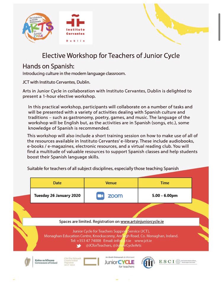 ICDublin's tweet image. 🔜 This evening we&apos;ll present the @InstCervantes #electroniclibrary at the &apos;Hands on Spanish&apos; workshop!
A wide range of useful resources to support Spanish classes and help students boost their language skills.
💻 🙋🙋‍♀️📖 📲 🎶