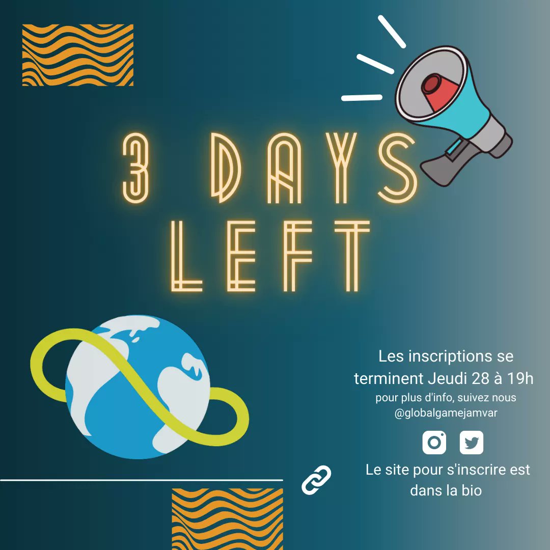 GGJVar's tweet image. ⚠️ Plus que 3 jours pour vous inscrire !

Ne manquez pas l'occasion, rejoignez-nous ! 🕹

globalgamejamvar.fr

Fin des inscriptions ce jeudi à 19h 🔚

#GlobalGameJam2021 #GGJVar