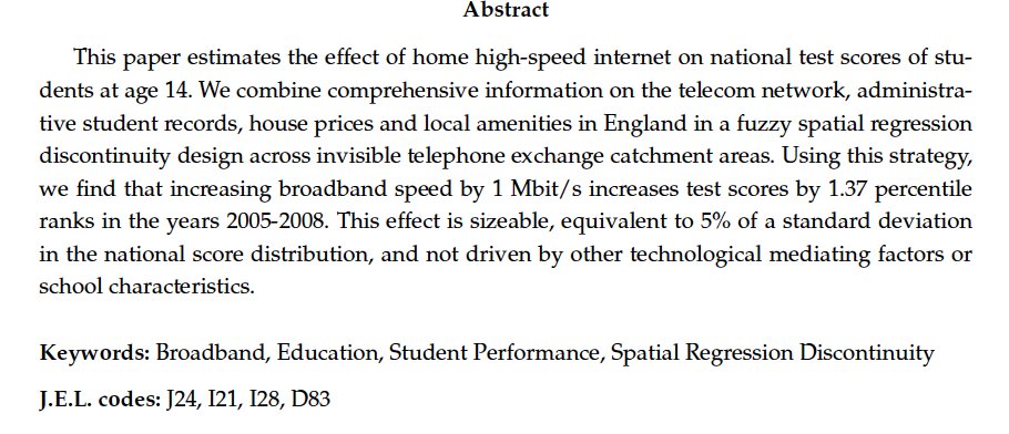I am excited to share our new WP with  @jmontalbancas and  @FelixWeinhardt: “Home Broadband and Human Capital Formation”. This is a WP from  @CESifoGroupFind the paper here:  https://www.cesifo.org/en/publikationen/2021/working-paper/home-broadband-and-human-capital-formationLet me tell you about it (1/20) \\begin