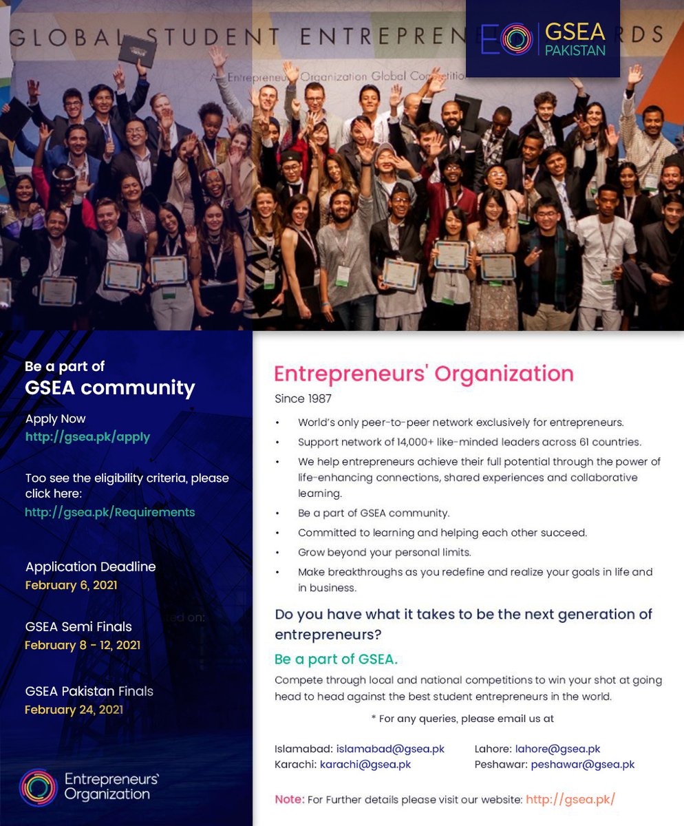Be a part of our GSEA Community!

Apply now at gsea.pk/apply to take your business to level "next"

gsea.pk/requirements

#GSEAPAKISTAN #EO_GSEA #GSEA #GSEA2021
