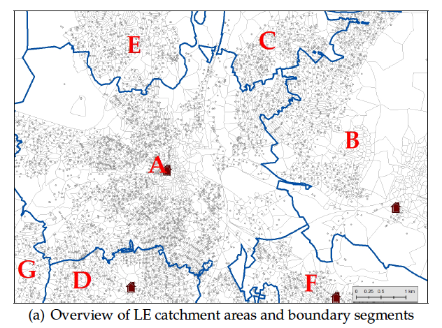 The LE stations are not necessarily placed in the centre or denser part of the differently sized CA. Thus, stations can be located at many different distances from the boundaries. Importantly, their location is not random and correlates with lots of underlying local geography.