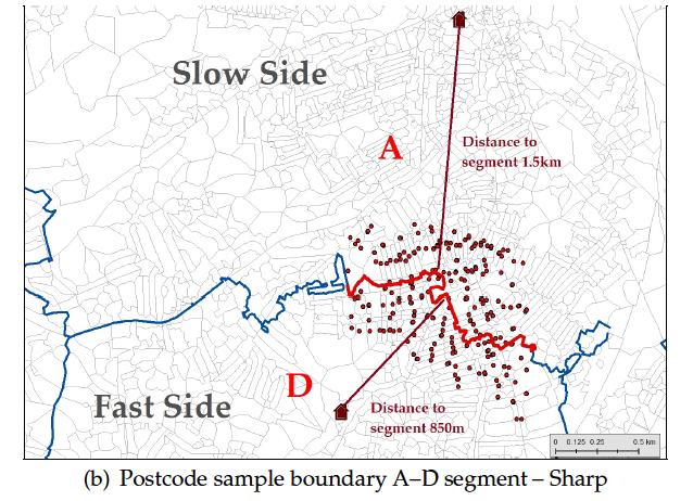 We draw the CA boundaries and split in small segments. We calculate the average distance to LE of the addresses at each side of a segment and classify it as fast side (closest) or slow side (farthest). We use data on pupils how live very close to the segments.