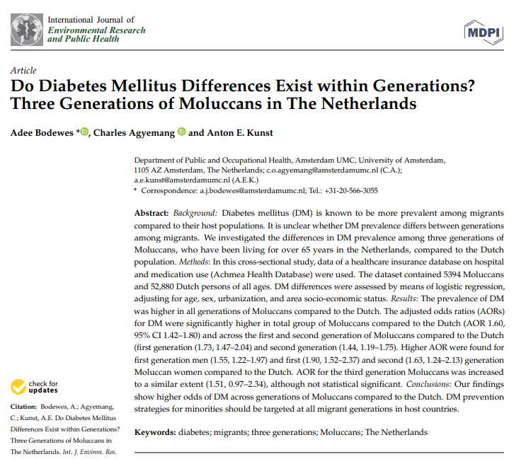 Verhoogde kans op suikerziekte onder Molukkers in Nederland in zowel de eerste, tweede als derde generatie. doi.org/10.3390/ijerph…