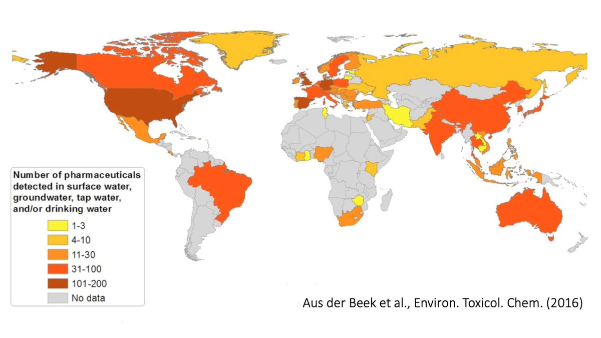 Pharmaceuticals have become widespread in ecosystems and organisms around the globe. In fact, more than 600 different drugs have now been detected in the environment, spanning 71 countries and covering all continents ( http://tinyurl.com/yx9y5gt8&nbsp;) [2/7]  #AnimBehav2021
