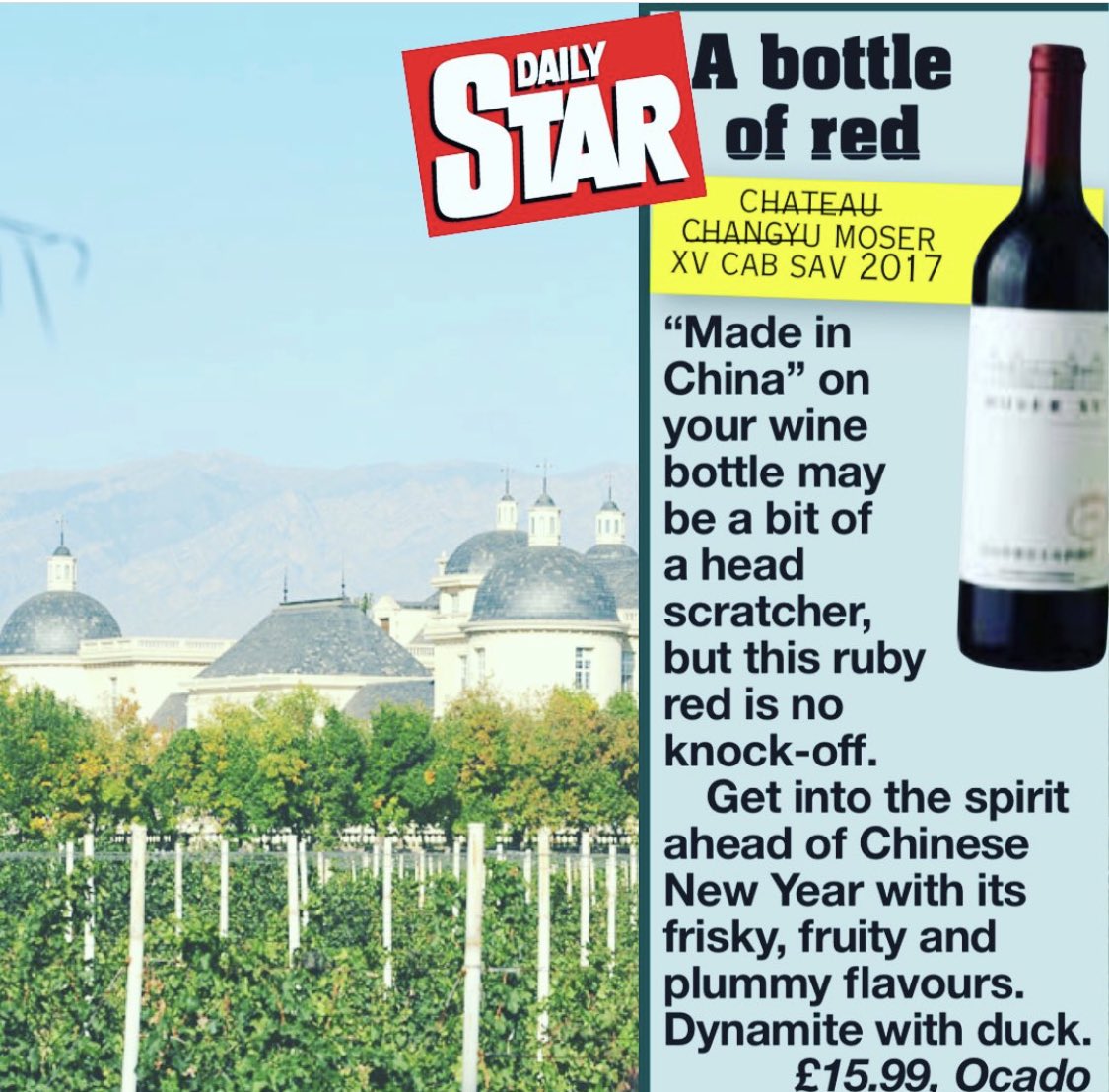 ‘Dynamite 🧨 with duck’ ! 🍷🦆 🥞 getting into the #chinesenewyear spirit with our Cabernet Sauvignon from #ningxia #northwest #china  <a href="/Ocado/">Ocado</a> As featured recently in <a href="/dailystar/">Daily Star</a> 😊