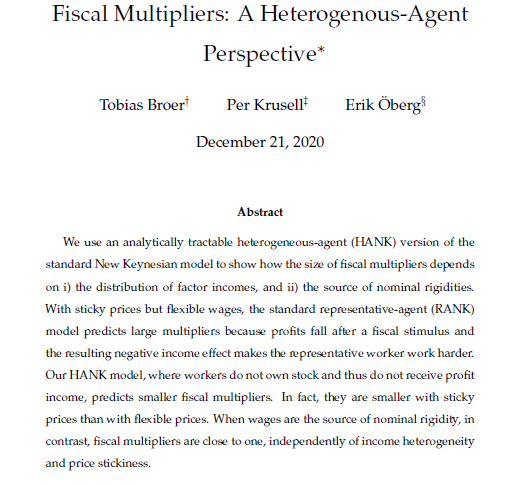 Paper alert!In a new NBER WP, Tobias Broer,  @KrusellPer and I present a simple model to investigate how the interaction of nominal rigidities and household heterogeneity shape fiscal multipliers.  https://www.nber.org/papers/w28366&nbsp;Thread.
