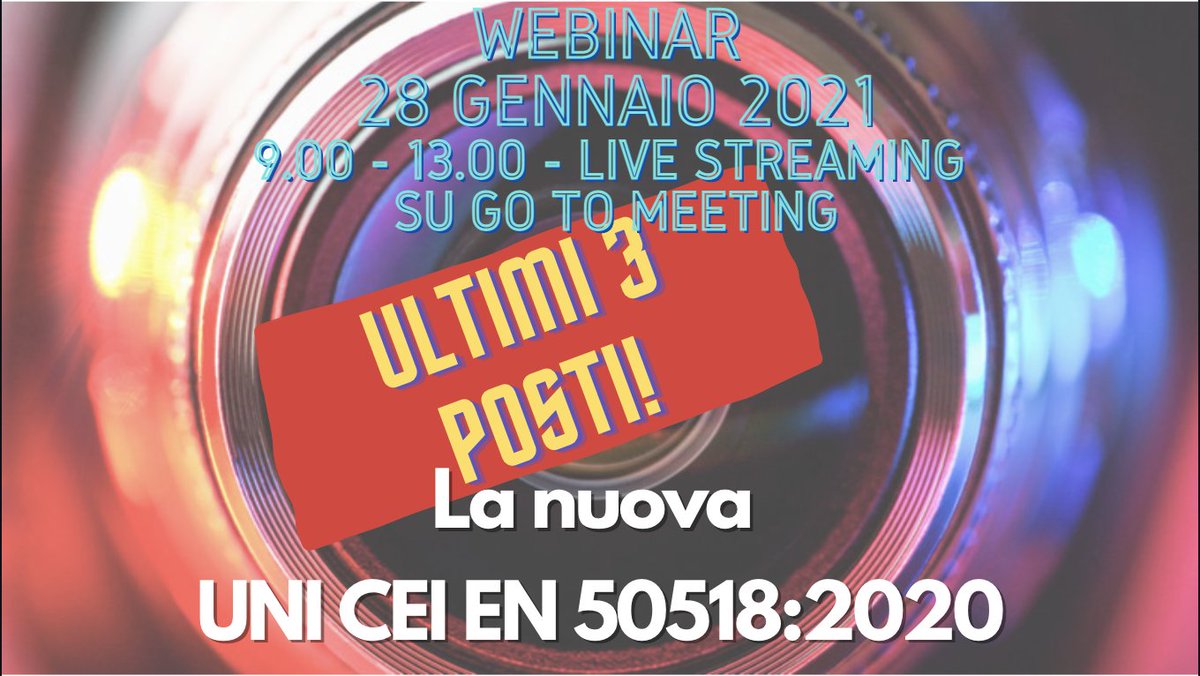 ULTIMI 3 POSTI DISPONIBILI AL #WEBINAR DI #AGGIORNAMENTO SULLA NUOVA UNI CEI EN 50518:2020, specifico per i Professionisti del settore della #Security.

🗓 28 gennaio 2021 dalle 9.00 alle 13.00

👨🏻‍💻LIVE - GO TO MEETING

Iscriviti subito 👇🏼👇🏼👇🏼
khc.it/evento/uni-505…