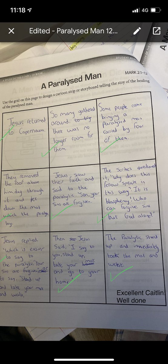 We are continuing our GCSE RE course online and it’s great to see some excellent samples work, the story of the paralysed man as a story board 👏🏻⭐️
