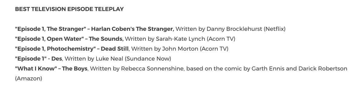 Congratulations to #writer🖊️ <a href="/mohnjorton/">John Morton</a> on receiving an  #Edgars2021 nomination #EdgarAllanPoe for #deadstill 

🌟Best Television Episode Teleplay 🌟 Nomination
DEAD STILL Episode 1 'Photochemistry'

John is certainly in good company here!

Full list.... mysterywriters.org/mwa-announces-…