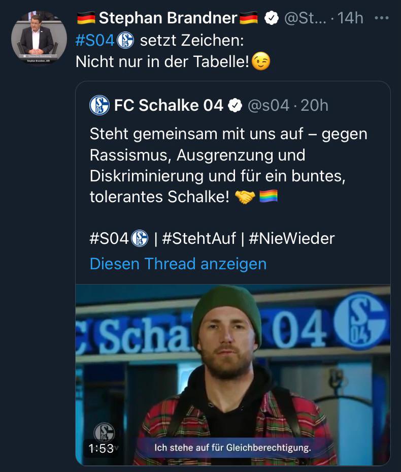 Herr Brandner, sich über Werte wie Vielfalt und Toleranz lustig zu machen, ist für einen gewählten Volksvertreter arm. Unabhängig von unserer sportlichen Situation: Schalke wird nie auf ihr Niveau absteigen. #S04 | #StehtAuf