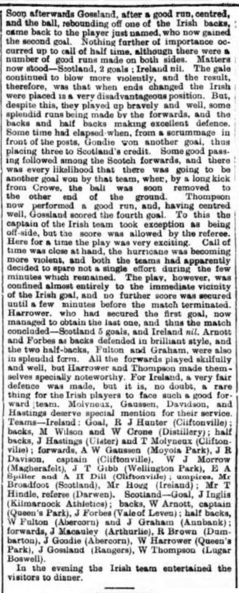 2/7  This was the 1st time Scotland were to be the opposition.The match was played at the ground of Ulster FC at Ballynafeigh. Rain, sleet & snow had fallen the previous days so conditions were not great. Parts of the pitch was actually flooded.Scotland won the match......