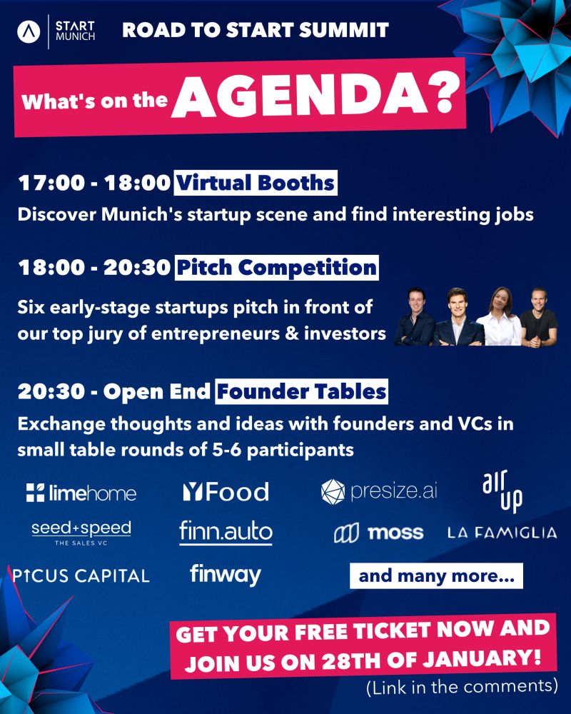 seedandspeed's tweet photo. Meet us at Road to #STARTMunich on Thursday, January 28th, where will be hosting our own @seedandspeed round table!
Furthermore, @maschmeyer will be joining the pitch session as a jury member.
Get your free ticket here: https://t.co/csZDY8OfEc https://t.co/rAuRgKrGBP