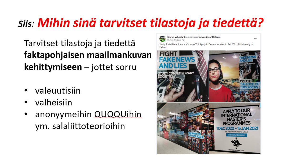 Tilastokeskus (@tilastokeskus) on Twitter photo "Mihin sinä tarvitset tilastoja ja tiedettä? Muun muassa siihen, ettet sorru valeuutisiin, valheisiin tai salaliittoteorioihin", <a href="/KimmoVehkalahti/">Kimmo Vehkalahti</a> muistuttaa. #tttv21 #tilastot #fakta "Mihin sinä tarvitset tilastoja ja tiedettä? Muun muassa siihen, ettet sorru valeuutisiin, valheisiin tai salaliittoteorioihin", <a href="/KimmoVehkalahti/">Kimmo Vehkalahti</a> muistuttaa. #tttv21 #tilastot #fakta