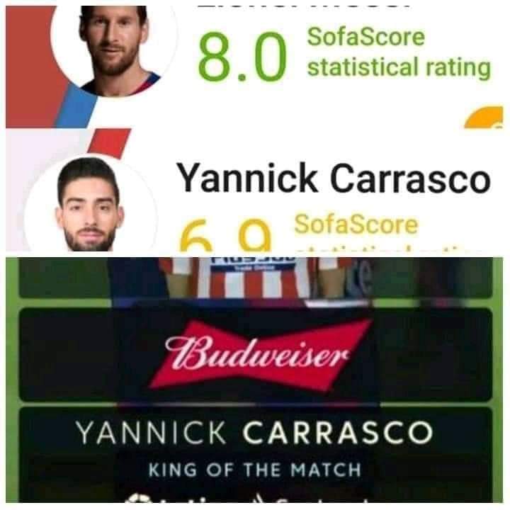 Another example was when  @SofaScoreINT chose Messi as motm and rated carrasco 6.9. Only for la liga to choose Carrasco as MotmWe all know how sofascore rate Messi for even walking on the pitch