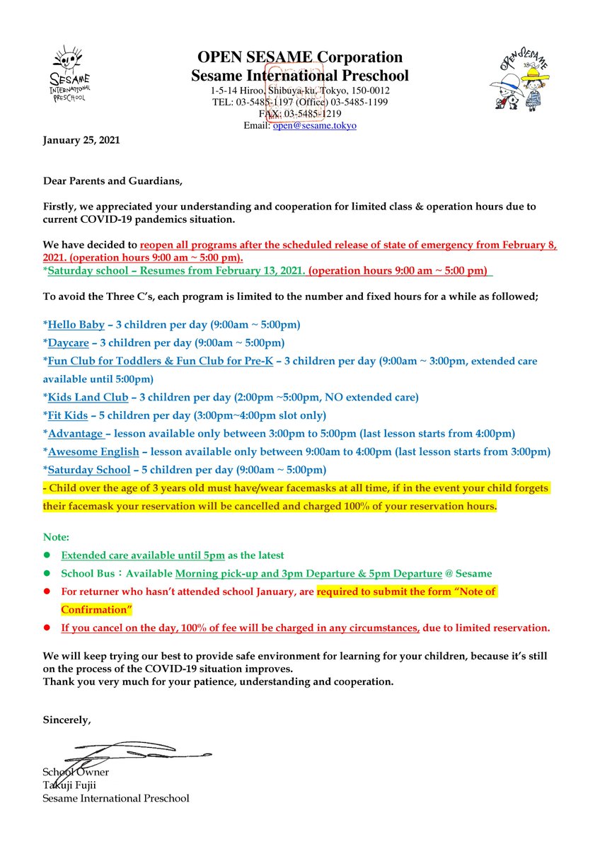 SesameIntPre's tweet image. We have decided to reopen all programs after lift of the state of emergency from February 8, 2021. 
We will keep trying our best to provide safe environment for learning for your children.  
Thank you very much for your patience, understanding and cooperation.