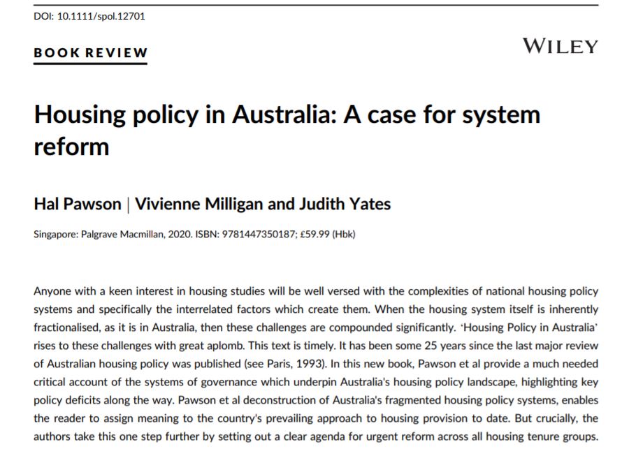 DrAMayeBanbury's tweet photo. Delighted to have reviewed this excellent text 'Housing Policy in Australia' by housing colleagues #halpawson #judithyates #vivienmilligan published today @wileyinresearch A pleasure to read. The authors set out a much needed road map for Australian housing policy makers. https://t.co/YkT7oSoXpv