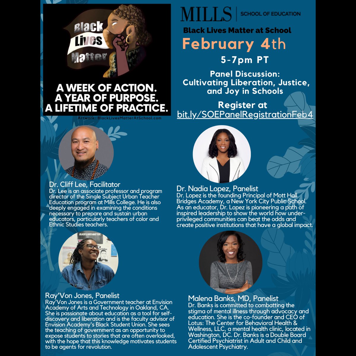 MillsSOE's tweet photo. Our @MillsSOE February 4th @BLMAtSchool Week of Action event is also a part of our @MillsCollege Black History Month programming organized with @MillsETHS @MillsRgss. 

Register at the link in our bio.

Meet our amazing #millsprofessor facilitator and our brilliant panelists: https://t.co/rbxWX2zSZg