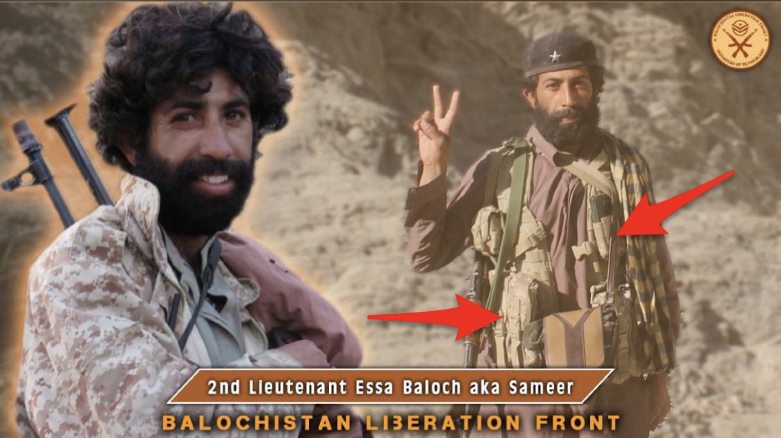 Note, open Red Paint bucket held by man next to him, showing them worked as a team conducting illegal wall chalking of anti-state & pro terrorism slogans at night.Note Lateef Johar’s AK47 & Tactical Sling Bail Out Ammo Bag used by BLA BLF UBA BRA terrorists (extreme right)./3