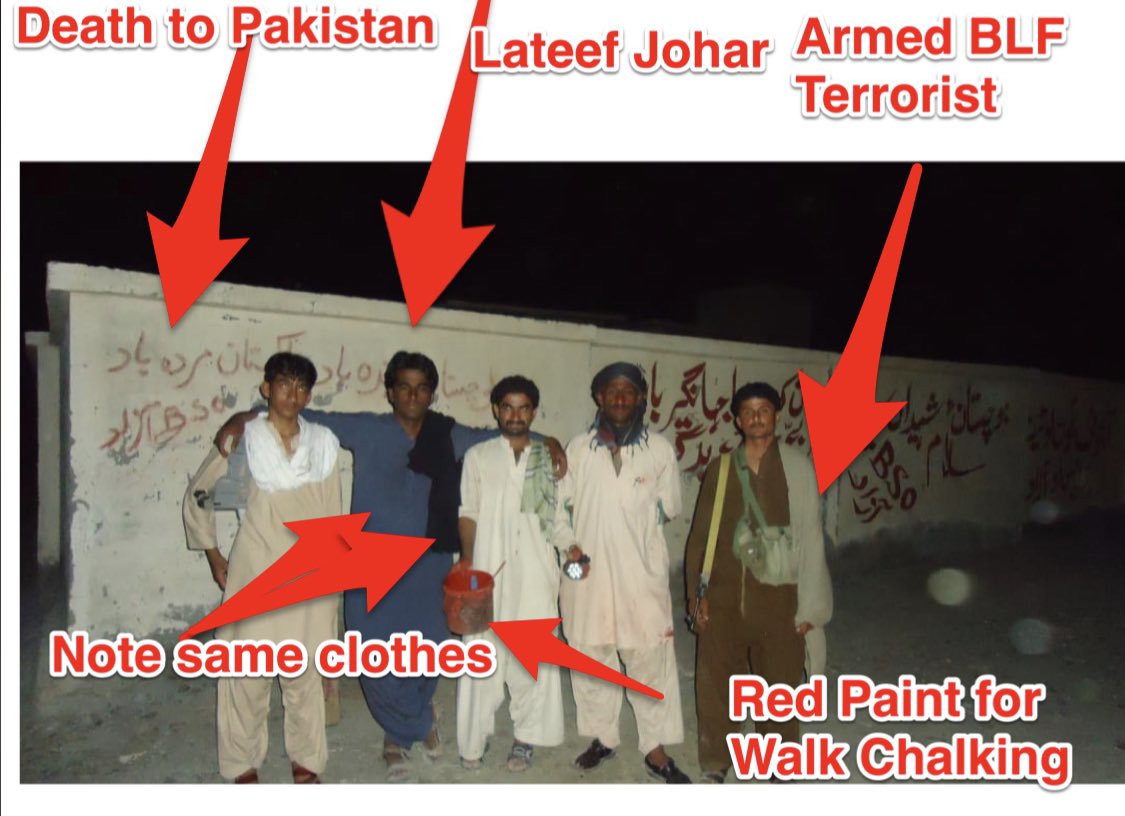 Note, open Red Paint bucket held by man next to him, showing them worked as a team conducting illegal wall chalking of anti-state & pro terrorism slogans at night.Note Lateef Johar’s AK47 & Tactical Sling Bail Out Ammo Bag used by BLA BLF UBA BRA terrorists (extreme right)./3