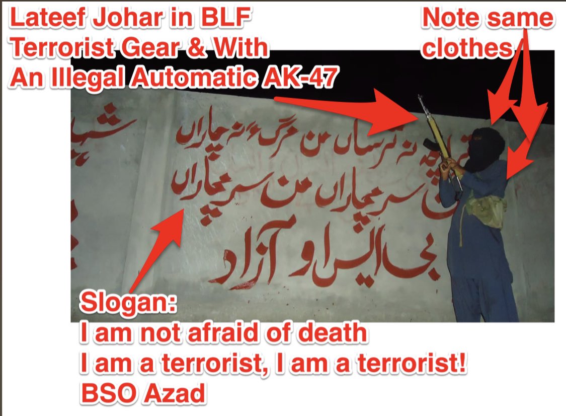 Same Lateef Johar in Pakistan remained Gen Sec of BSO-Azad after it was banned as terror org by NACTA in 2013 with an illegal AK47 & a Tactical Sling Bail Out Ammo Bag carried by BLF terrorists.Now in Canada he’s rep of a shady unknown Human Rights Council of Balochistan./7