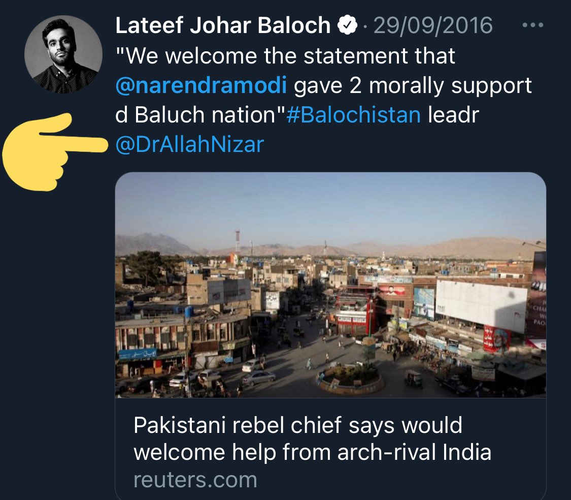 Currently head of BRAS the umbrella terror organization that includes BLA, BLF & BRA is Allah Nazar who regularly claims responsibility 4 terror attacks in PakistanIn this 2016 post by Lateef Johar, tagged Allah Nazar by referring to him as Balochistan’s & his “leader.”/12