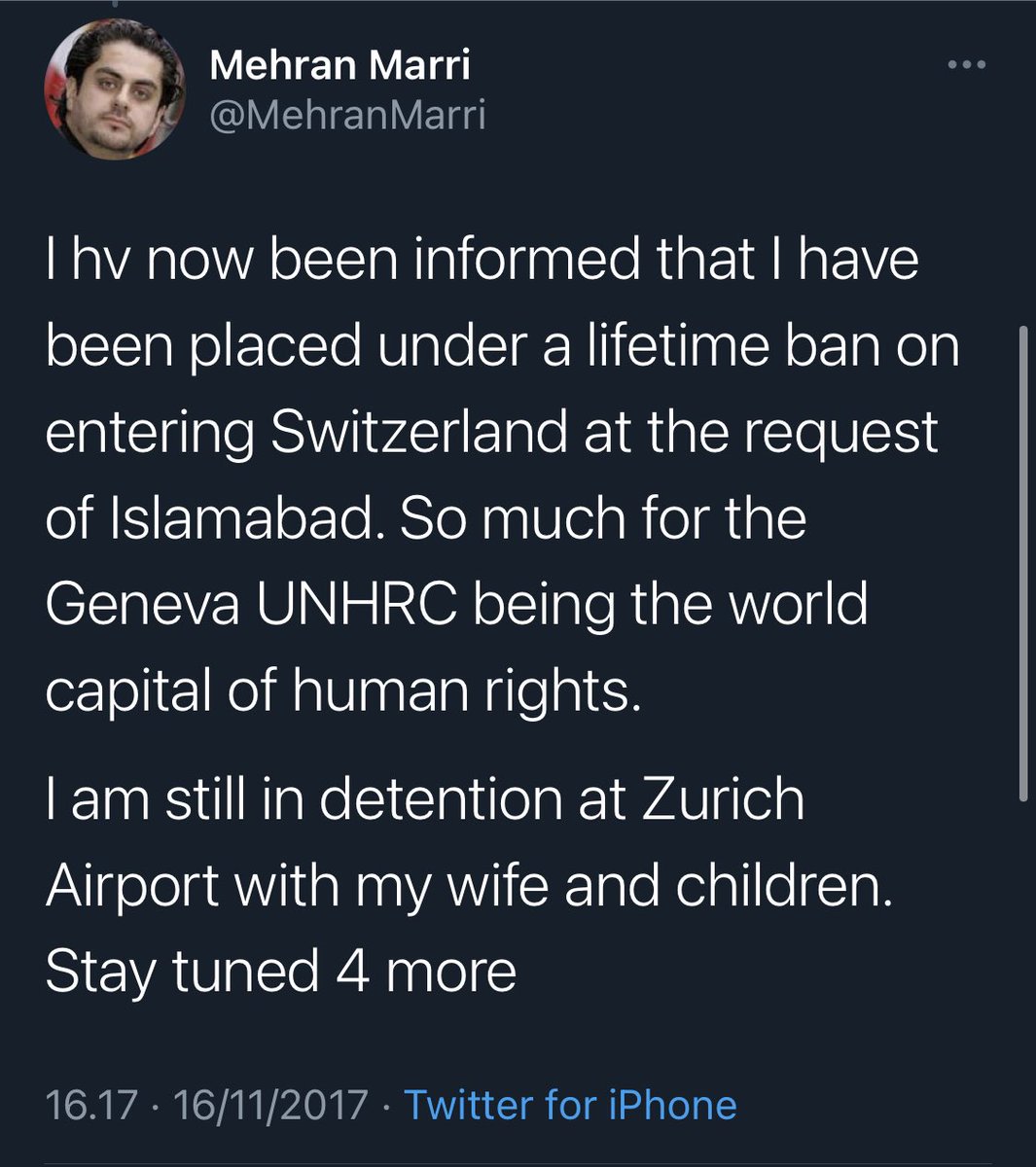 Then in 2017 Lateef Johar also posted condemning Swiss authorities placing travel entry restrictions on Mehran Marri the son of BLA founder Khair Bux Marri, for heading UBA & link to BRA, both are part of BRAS terror alliance headed by BLF & BSO Azad leader Allah Nazar./15