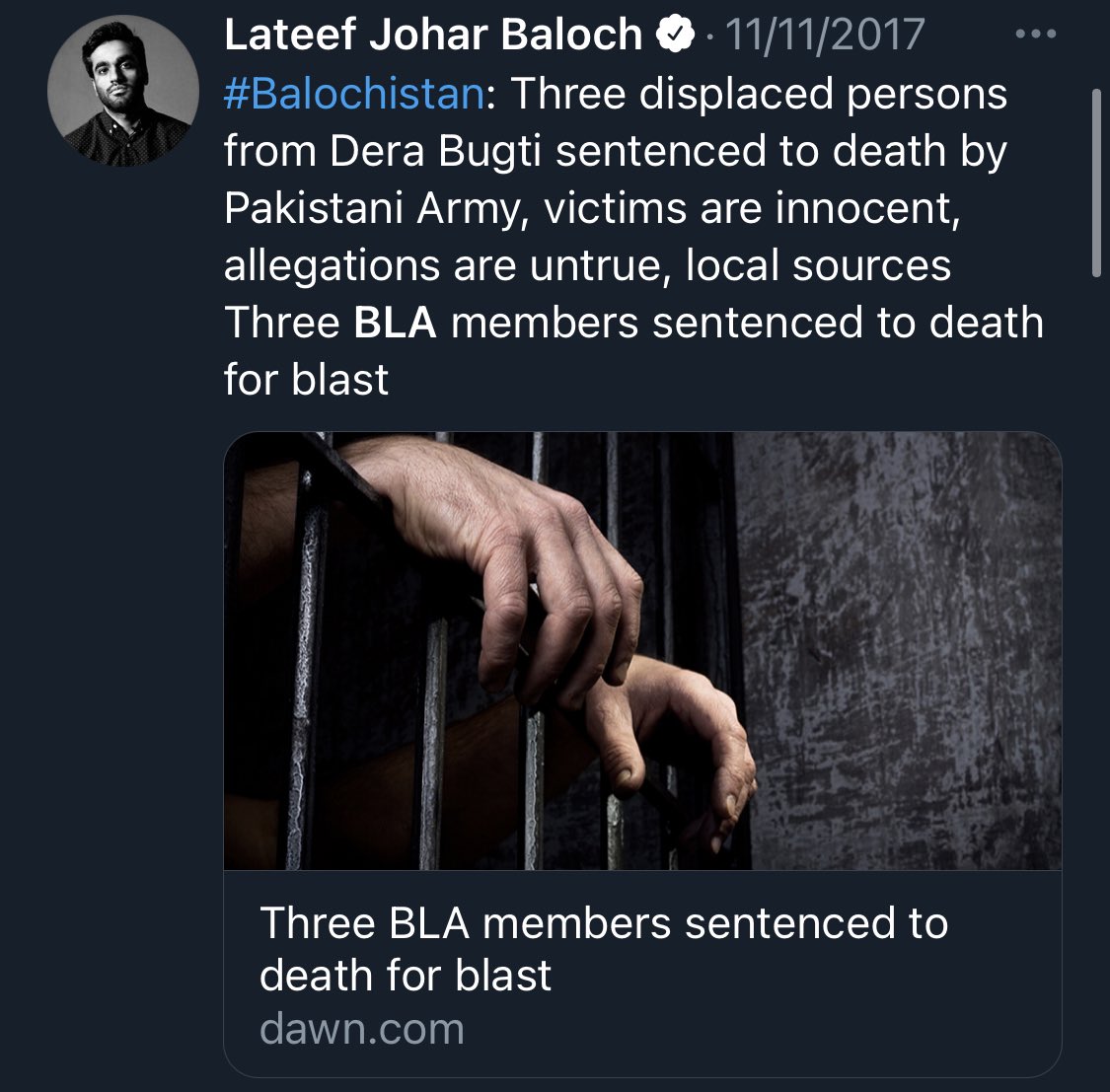 In 2017 Lateef Johar posted in favor of three convicted BLA terrorists for committing a terrorist attack using a bomb blast by calling them “displaced persons” & “victims” & “innocent” when courts of law convicted them for committing terrorism based upon laws of the land./17