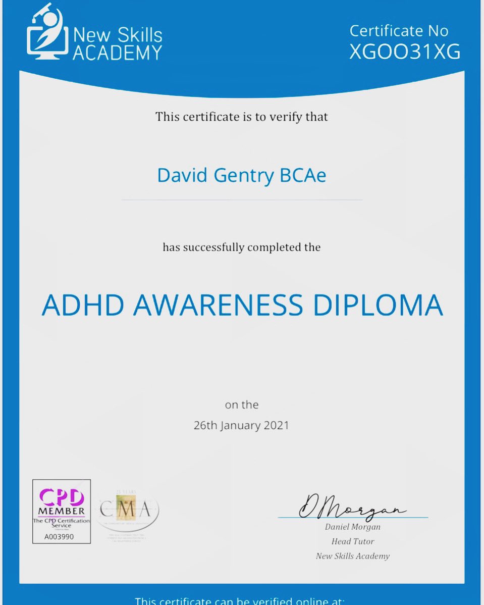 DaveGentry_BCA's tweet photo. 2 courses complete ADHD and Autism Awareness Diplomas. In depth, intense, excellent hard courses. Good to have knowledge to help if need those people who need it. 3 courses to go, ultimate goal The Complete Level 2 Teaching Assistant Diploma. #education #knowledge #lockdownstudy https://t.co/n2u582cfRd