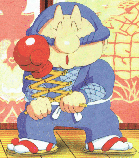 In Ganbare Goemon: Uchu Kaizoku Akogingu, Ebisumaru gets an extendable boxing glove, which allows him to latch onto a hook to jump to a higher platform. It's a bit of a tricky weapon to start with, but will get used to it over time.