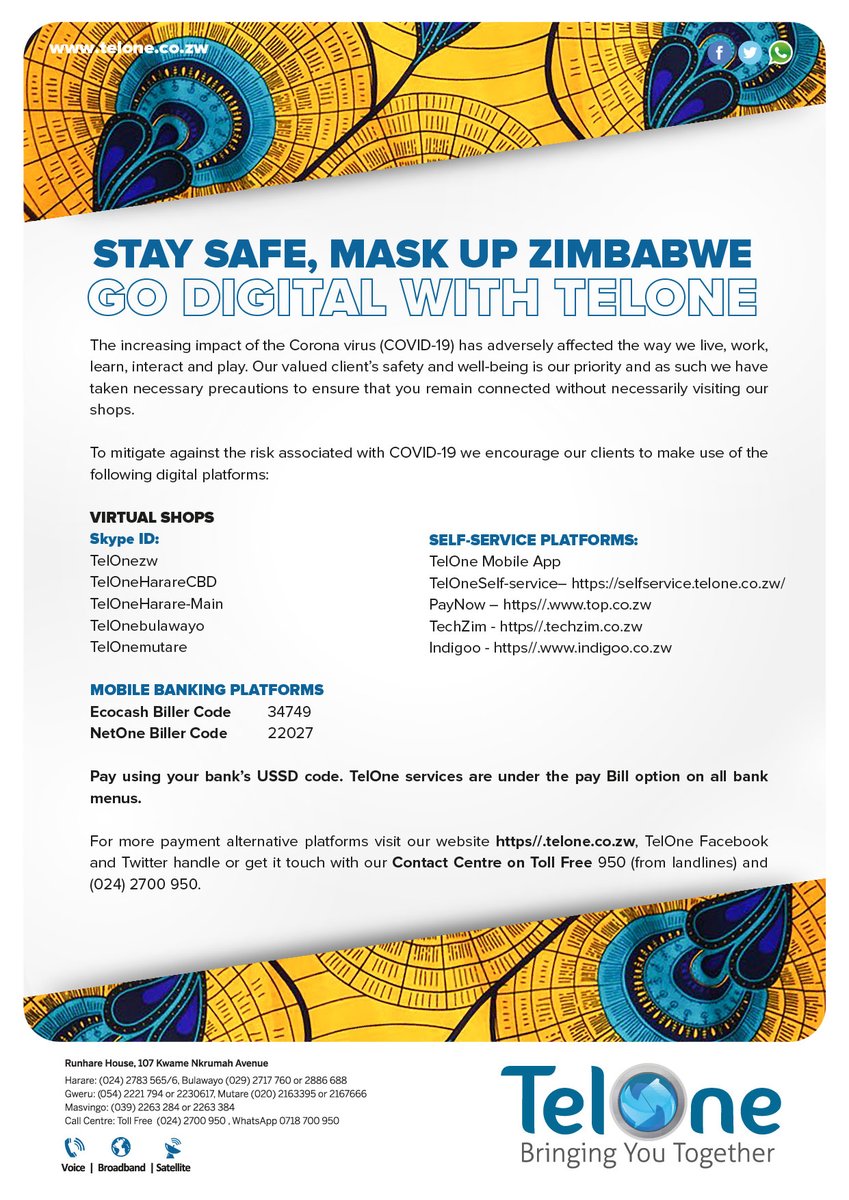 #StaySafe #MaskUpZim and go digital with TelOne