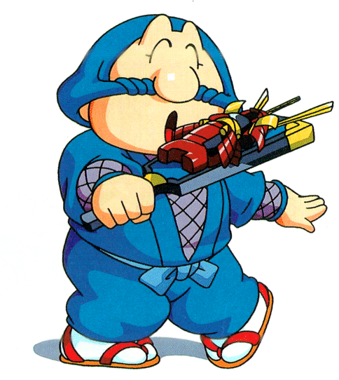 In Goemon's Great Adventure, Ebisumaru's weapon is a wooden paddle which can be upgraded over time with lucky cats. He can also use a megaphone that will form stone Japanese letters that can either be used as a platform or hurt enemies.