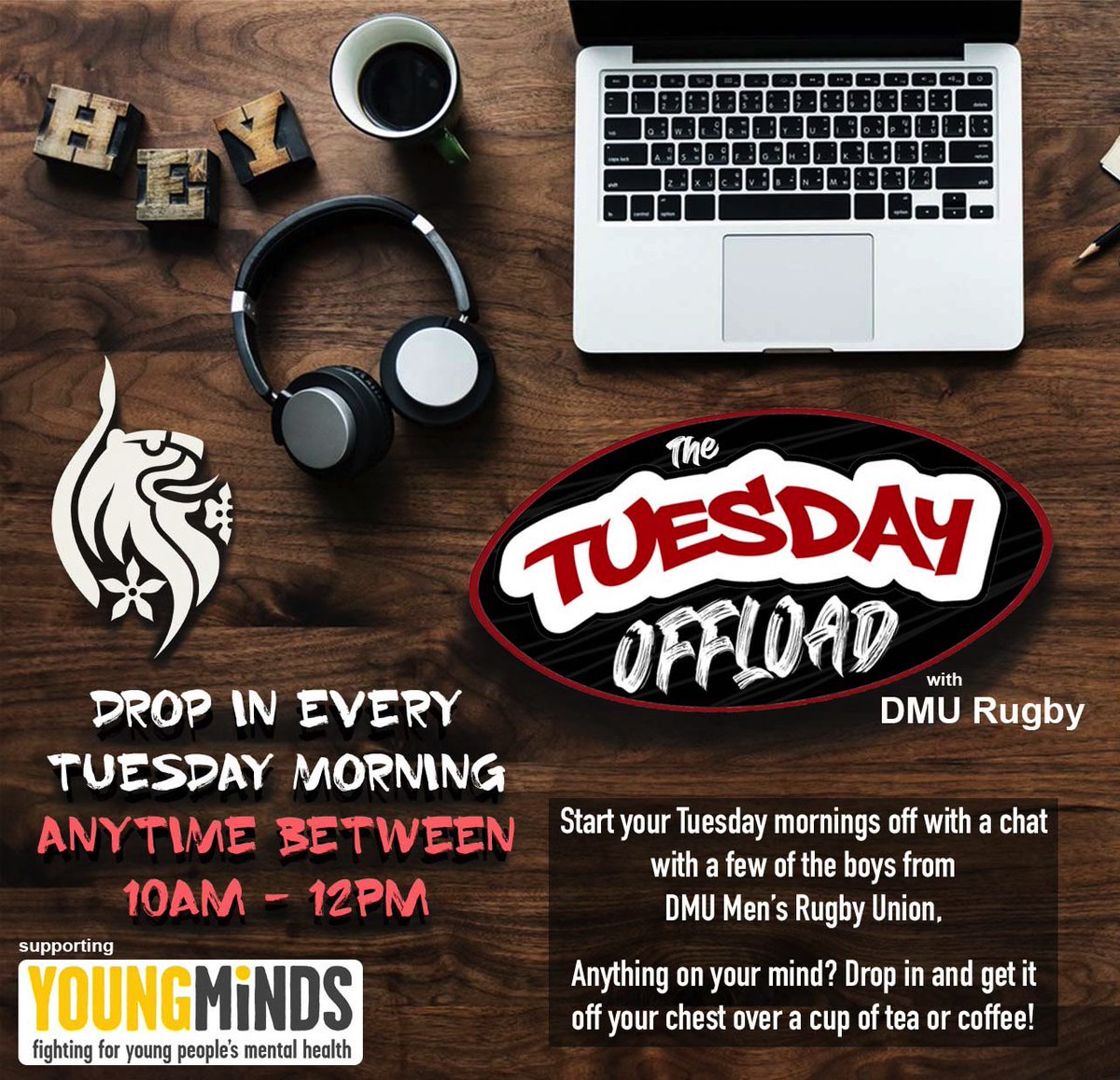 De Montfort University RUFC (@dmu_rufc) on Twitter photo Introducing the #TuesdayOffload! An open zoom call for the boys to drop in between 10am - 12pm every Tuesday to enjoy a chat whilst having a brew with their breakfast π₯βοΈ in support of <a href="/YoungMindsUK/">YoungMinds</a> instagram.com/p/CKgDvFAn9N0/β¦ Introducing the #TuesdayOffload! An open zoom call for the boys to drop in between 10am - 12pm every Tuesday to enjoy a chat whilst having a brew with their breakfast π₯βοΈ in support of <a href="/YoungMindsUK/">YoungMinds</a> instagram.com/p/CKgDvFAn9N0/β¦