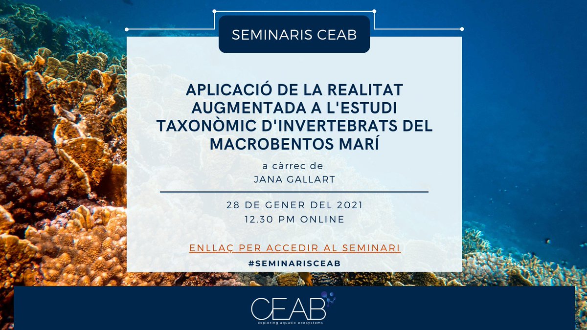 ceabcsic's tweet photo. Ara si! Dijous arrenquen els #SeminarisCeab 👏👏

A la 1r trobada, parlarem de l'aplicació de la realitat augmentada a l'estudi de la taxonomia d'invertebrats macrobentònics, dels seus beneficis i reptes que planteja.

📆 28/01/2021 | 12:30h
🔗 https://t.co/M9Mc6CLB1u

Veniu?😀 https://t.co/9ouf3OZdkh